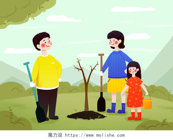 植树节插画卡通手绘清新人物一家人植树节背景海报素材